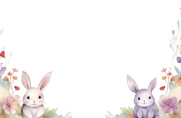 Photo watercolor cute happy bunnies and flowers background with copy space wallpaper for card banner print