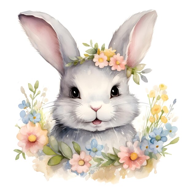 Watercolor cute happy portrait of a baby bunny wearing flower wreath for festival holiday design art