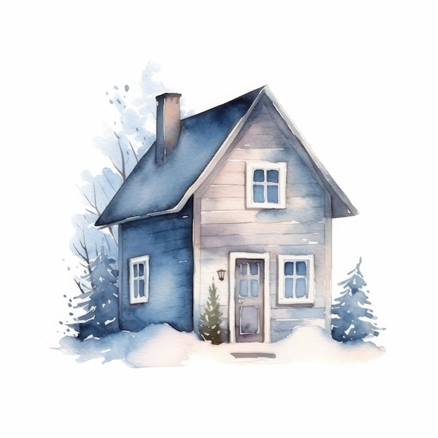 Photo watercolor cute house with tree on isolate background generative ai