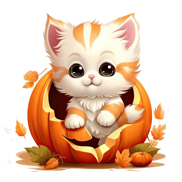 Watercolor Cute Kitten Inside a Pumpkin