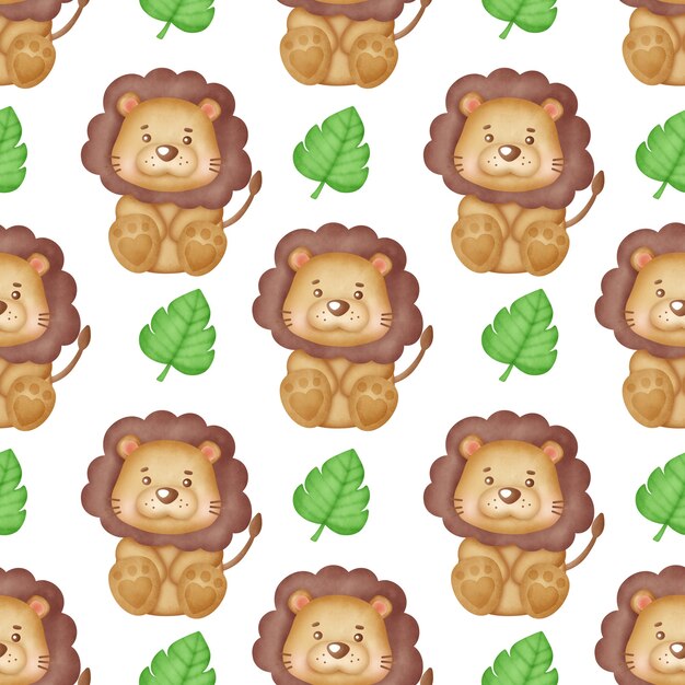 Watercolor cute lion seamless pattern