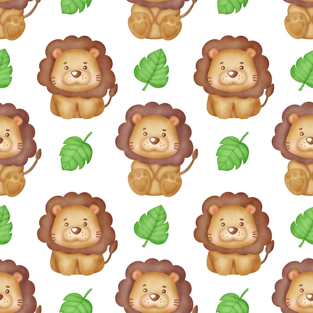 Watercolor cute lion seamless pattern