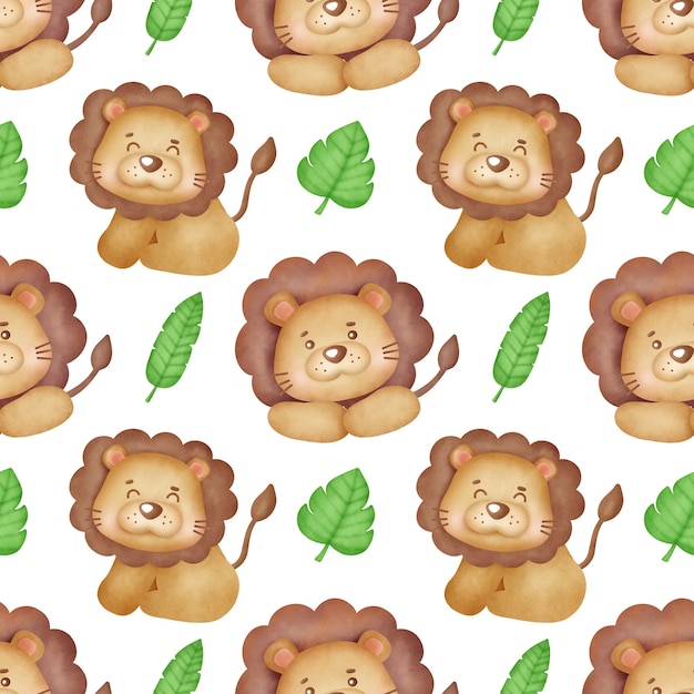 Watercolor cute lion seamless pattern