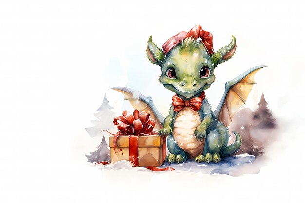 Watercolor Cute little dragon in head bow with gift boxes on white background The symbol of the new year 2024 Generative AI illustration