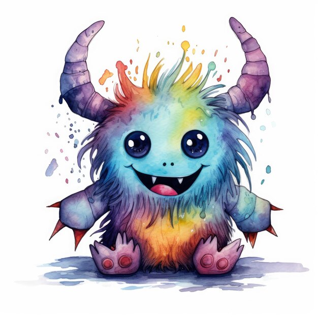 Watercolor cute monster on white background