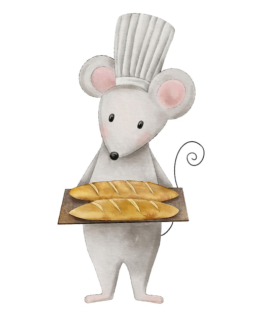 Watercolor cute mouse baker holding a tray with baguettes