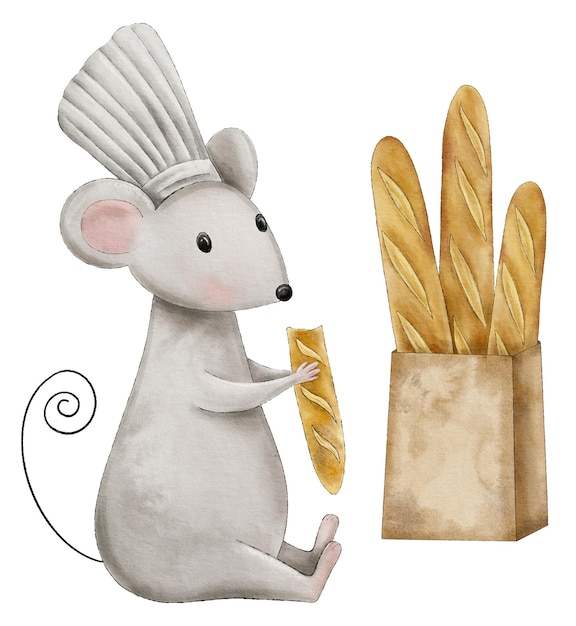 Watercolor cute mousebaker eats a baguette a bag of french baguettes a handdrawn illustration