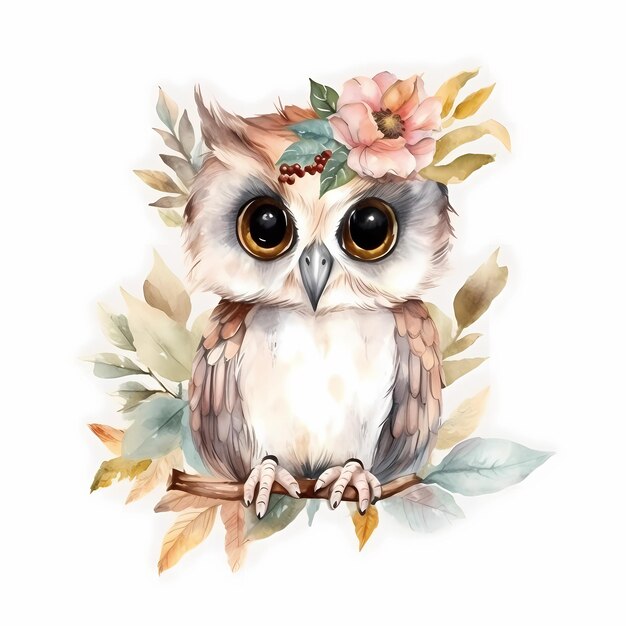 Watercolor cute owl with a flower wreath.