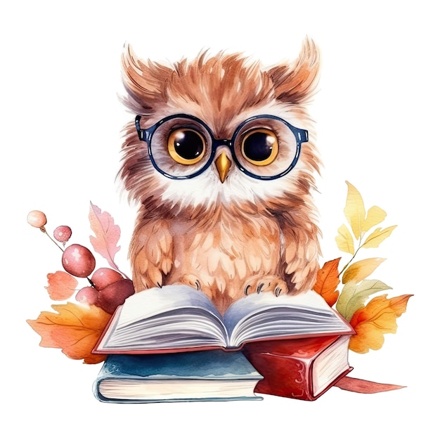 Акварель милая сова в очках, читающая книгу, изолированная Generative AI