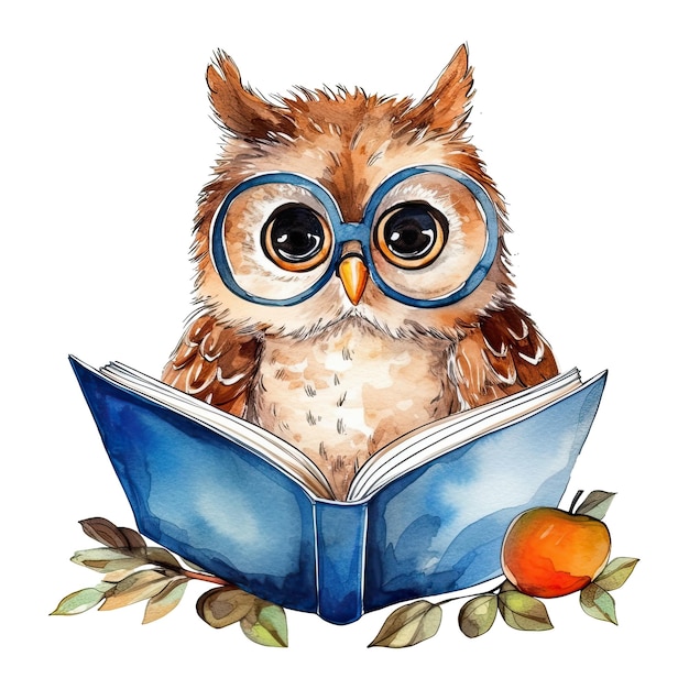 Watercolor cute owl with glasses reading book isolated Generative AI