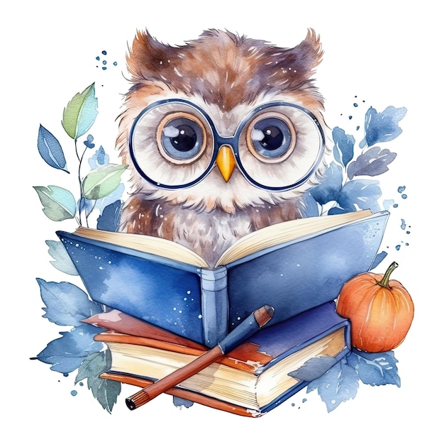 Watercolor cute owl with glasses reading book isolated Generative AI