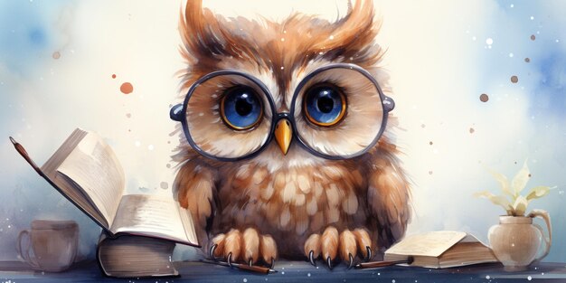 Watercolor cute owl with glasses reading book isolated