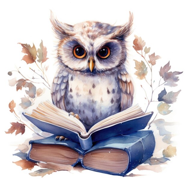 Watercolor cute owl with glasses reading book