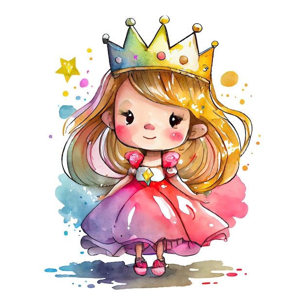 Watercolor cute princess cartoon girl in dress illustration