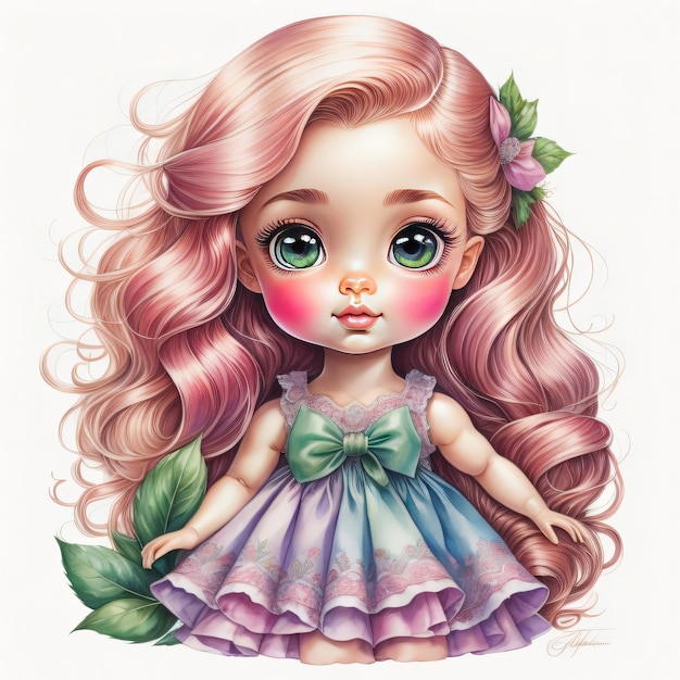 Watercolor cute princess doll