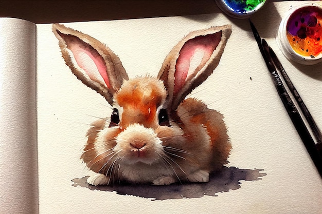 Watercolor of a cute rabbit animal hand draw watercolor