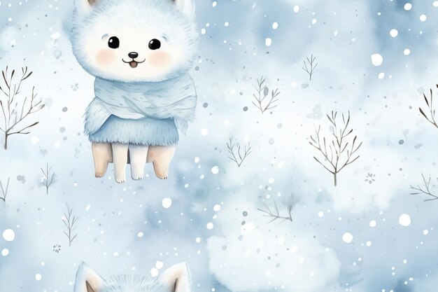 Photo watercolor cute retro winter polar fox