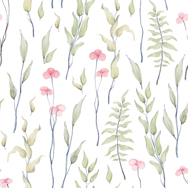 Watercolor cute seamless pattern abstract spring flowers green branches Meadow wild flowers