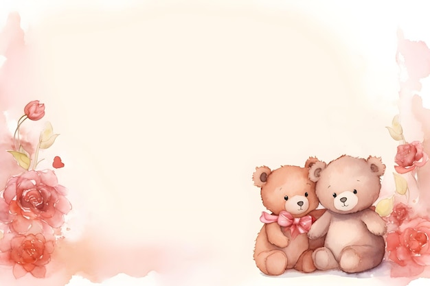 Watercolor cute teddy bear couple and roses sitting on empty background for text decoration card