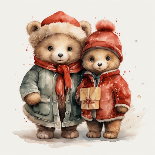 Watercolor cute teddy bear couple wearing santa hats and gifts