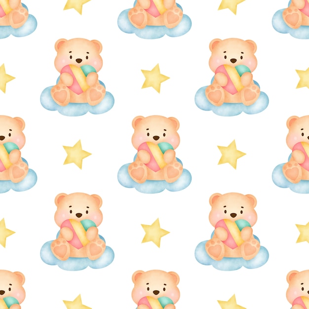 Watercolor cute teddy bear seamless patterns