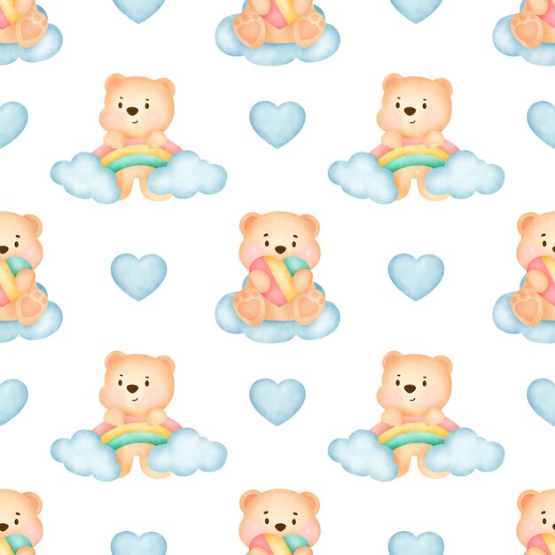 Watercolor cute teddy bear seamless patterns