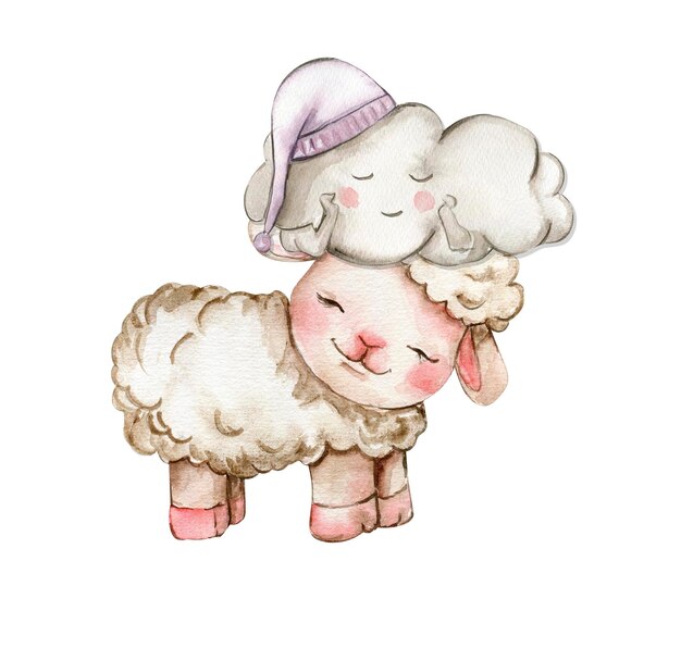 Watercolor cute white fluffy sheep and cute cloud on it's head