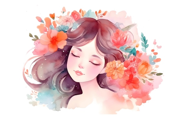 Watercolor cute young girl portrait with flowers and closed eyes painting on white background