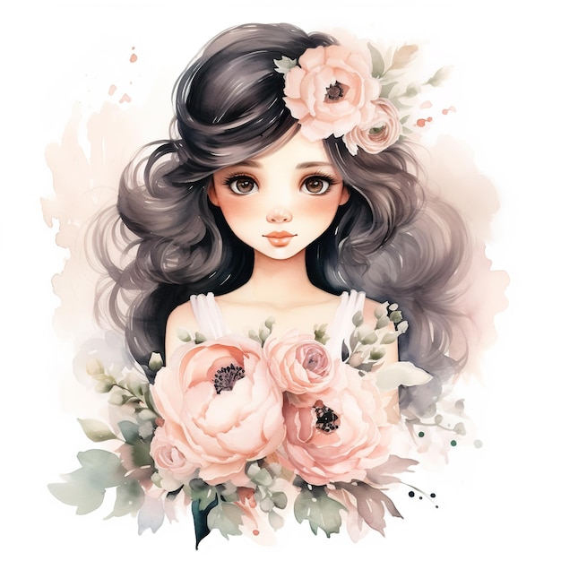 수채화 귀여운 젊은 여자 검은 머리와 꽃다발 모란 꽃 만화 스타일 흰색 배경