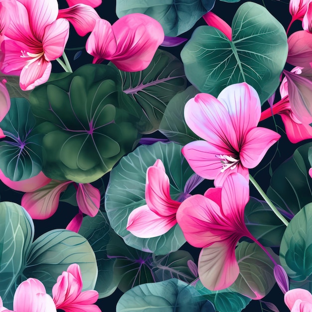 Watercolor cyclamen flowers with leaves seamless pattern