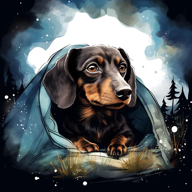 Watercolor of dachshund dog snuggled in a cozy blanket fort under a starry clipart 2d flat tshirt