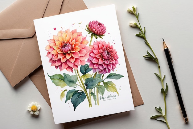 Watercolor Dahlia Flower Greeting Card Design