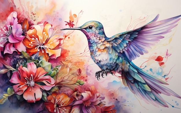 Watercolor Dance of Hummingbirds