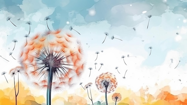 watercolor dandelions art light tones background wallpaper freedom of flight Generative AI