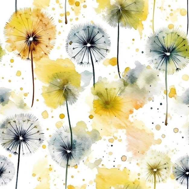 Watercolor dandelions with a yellow background