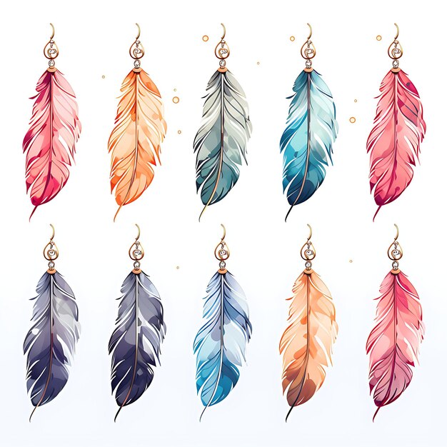 Photo watercolor of dangle earrings silver feather earring charms assorted feath clipart isolated design