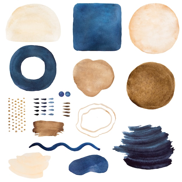 Photo watercolor dark blue and beige painted abstract elements. hand drawn modern print set illustration