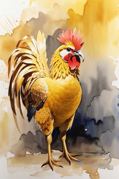 威勢のいい黄金色の雄鶏の水彩画