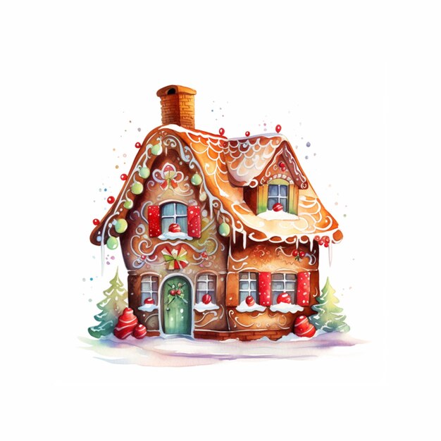 Photo watercolor decorated gingerbread house with a white background