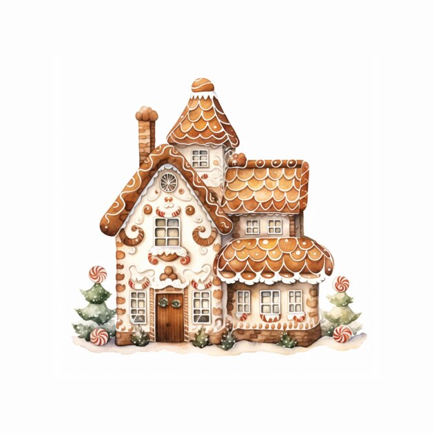 Watercolor decorated Gingerbread House with a white background