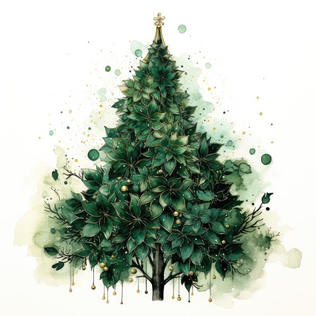 Watercolor decorative christmas tree with golden ornaments Generative AI