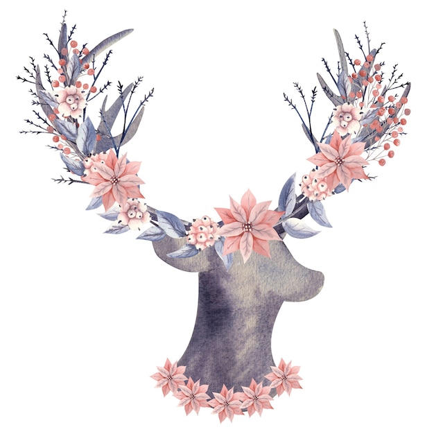 Photo watercolor deer antlers decorated with flowers, berries, sprigs of snow-like.