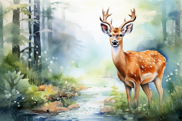 watercolor of a deer in the forest