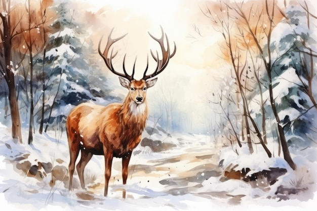 사진 겨울 숲의 수채화 사 아름다운 일러스트레이션 그림 생성 ai