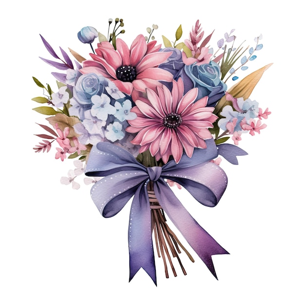 Watercolor delicate bouquet of flowers with a ribbon tied around isolated Generative AI