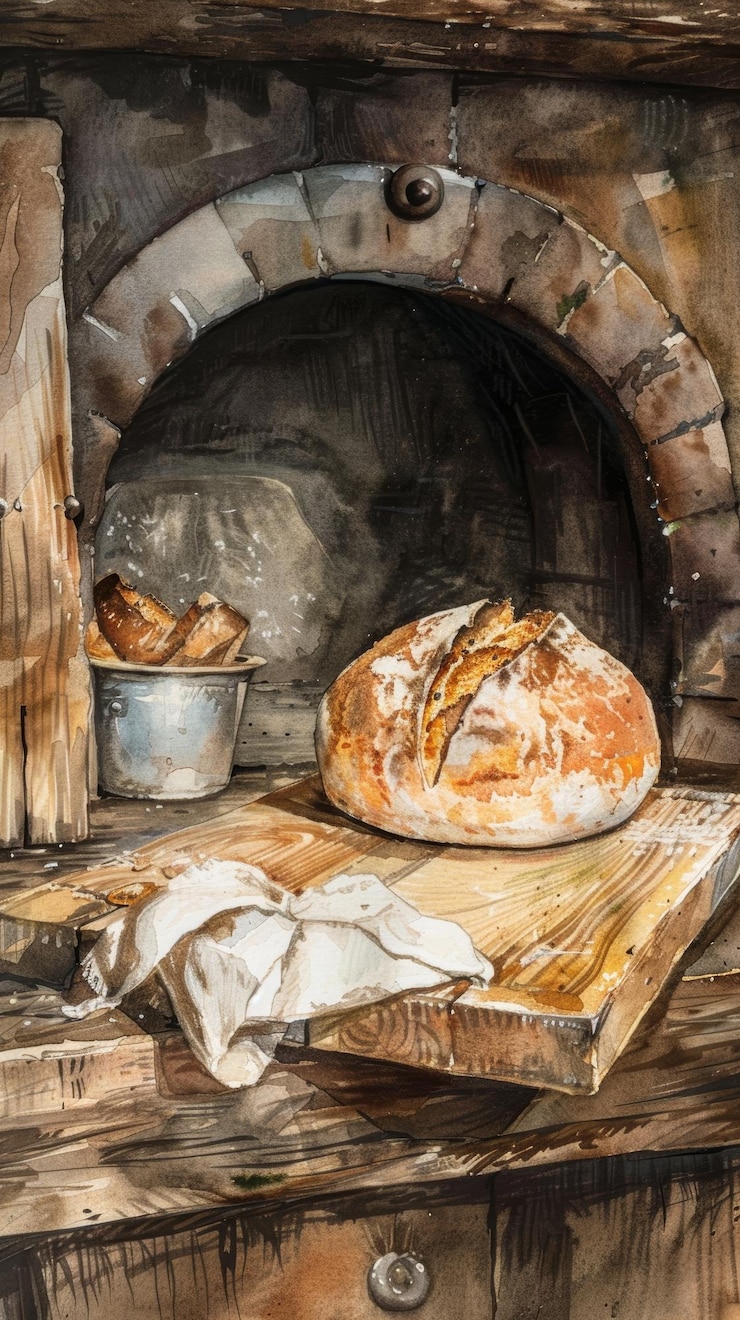 Photo watercolor depiction of an aged wooden peel with a freshly baked artisan bread