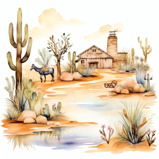 watercolor Desert oasis western wild west cowboy desert illustration clipart