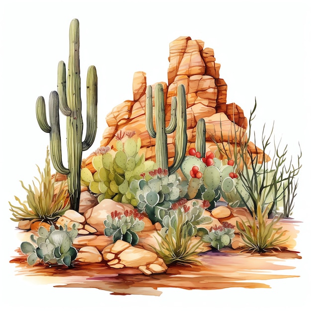 watercolor Desert shrubs and vegetation western wild west cowboy desert illustration