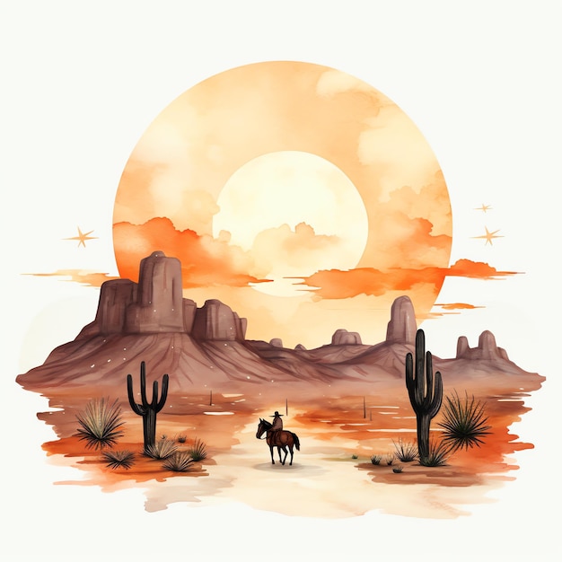 watercolor Desert sunset western wild west cowboy desert illustration clipart