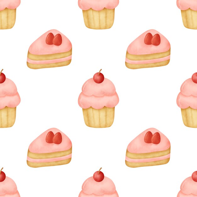 Watercolor dessert cake seamless patterns